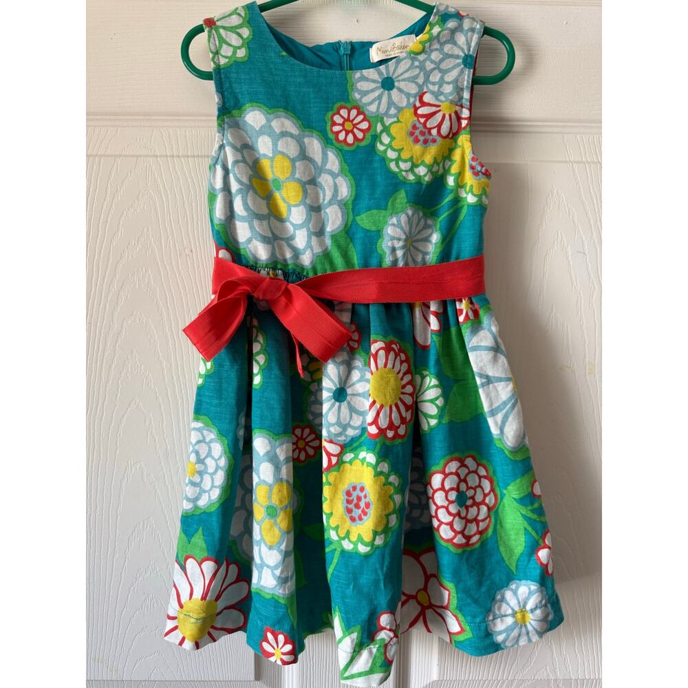 Mini Boden Linen Blend Floral‎ Dress Blue Red Bow 3-4Y Toddler Girls